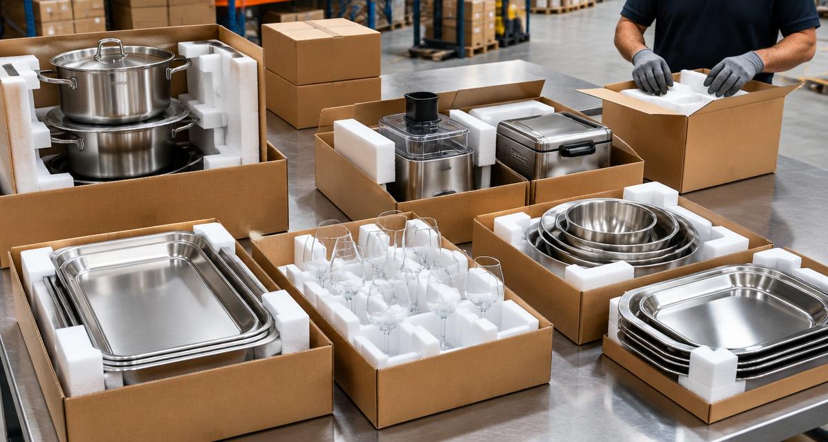 Restaurant equipment packed for freight transport
